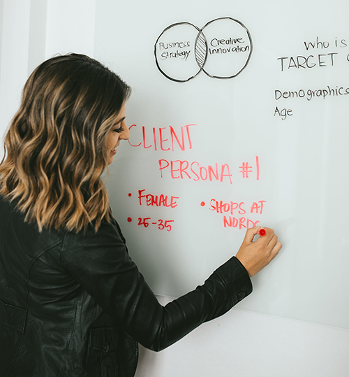 Carolina Andes performing a client persona exercise on a white board